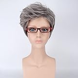 SaiDeng Women Gradient Stylish Harajuku Style Oblique Bang Cosplay Short Hair Wig Granny Gray 45cm