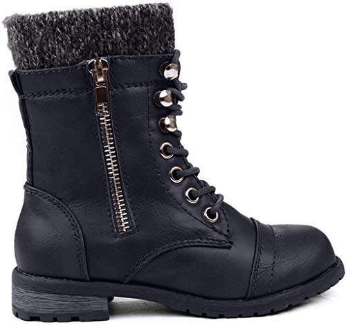 JJF Shoes Mango-31 Kids Black Round Toe Military Lace Up Knit Ankle Cuff Low Heel Combat Boots-2 - Thumbnail 2