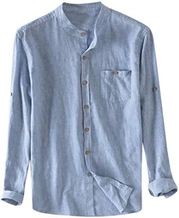 Men's Shirts Casual Long Sleeve T-Shirts Cotton Striped Standing Collar Button Baggy Shirts Tops with Pocket