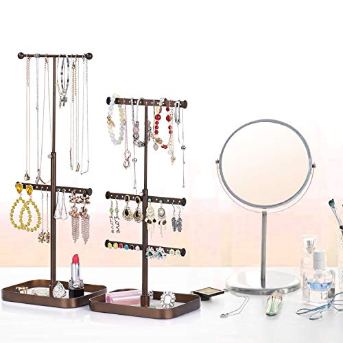 Keebofly Jewelry Stand Organizer Necklace Organizer Display with Adjustable Height for Necklaces Bracelet Earrings and Ring, Bronze Pack of 2