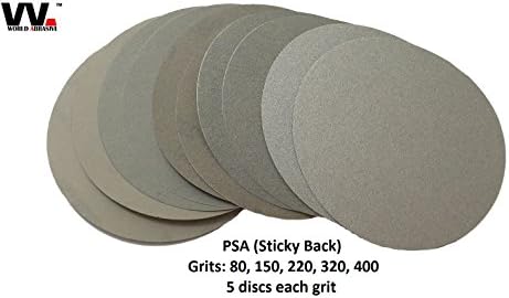 World Abrasive – Premium – 50 Pcs Variety (Grits: 80/150/220/320/400) - 6 inch No Hole Gold Adhesive Sticky Back Sandpaper Discs for Orbital Sanders (Auto, Marine, Aircraft, Wood, Metal, Plastic)