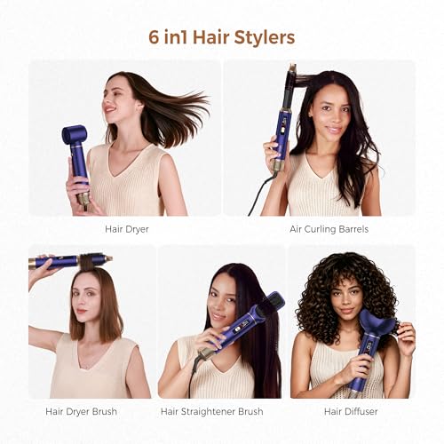 UKLISS Seche Cheveux Hair Styler 6 en 1,Diffuseur Cheveux Bouclés, Fer à Boucler à Air de 30 mm,LCD Affichage de la Température,Air Styler Multifonctionnel 1000w,Pour Lisser, Boucler les Cheveux