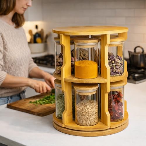 360° Rotating Spice Rack Organizer – 10 Glass Jars (200ml Each) with Bamboo Wooden Stand – Kitchen Countertop Storage Carousel – Space Saving Masala Organizer