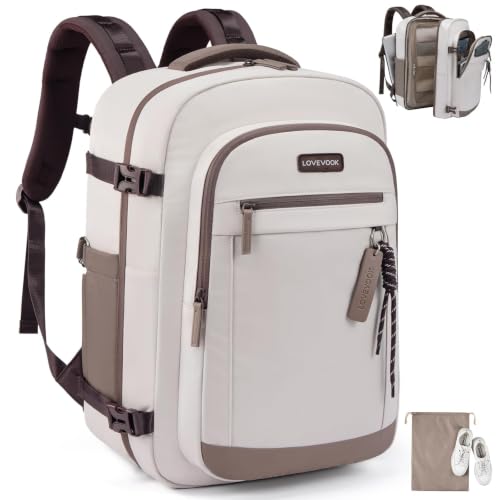 LOVEVOOK Travel Backpack Hand Luggage Aeroplane 40L Large Backpack Women's 45 x 36 x 20 cm, B-beige brown, Casual | travel backpack for 15.6 inch laptop, carry on suitcase backpack backpack for travel weekender work business trip business