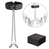 Leather Collar Fur Lining With Nipple Clamps Adjustable Breast Clips Clit for Couples Game