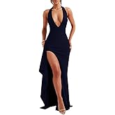 LAGSHIAN Women's Sexy Deep V Neck Halter High Split Backless Cocktail Party Formal Maxi Dress
