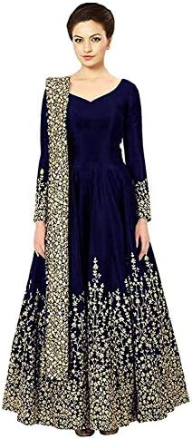 Fast Fashions Women's Taffeta Silk Semi Stitched Anarkali Gown (Free Size_Blue)