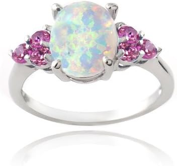 Sterling Silver Created White Opal & Pink Sapphire Oval Ring
