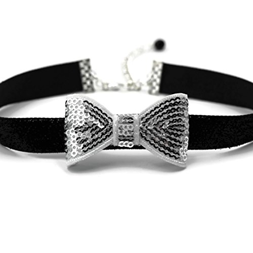 Arthlin Silver Bowtie Necklace Accessory for Women, Silver Sequins Bow and Black Glitter Band
