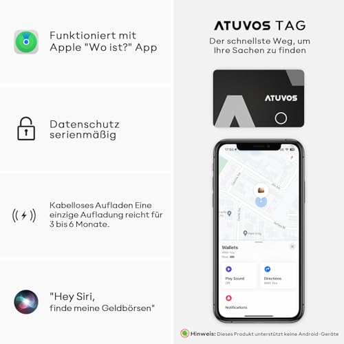 ATUVOS Thin AirTag Card Wallet Tracker Card, Rechargeable Wallet Finder Compatible with Apple Find My (iOS Only, Android Not Supported), Bluetooth Item Finder for Travel Suitcases, Wallets, 1.6 mm