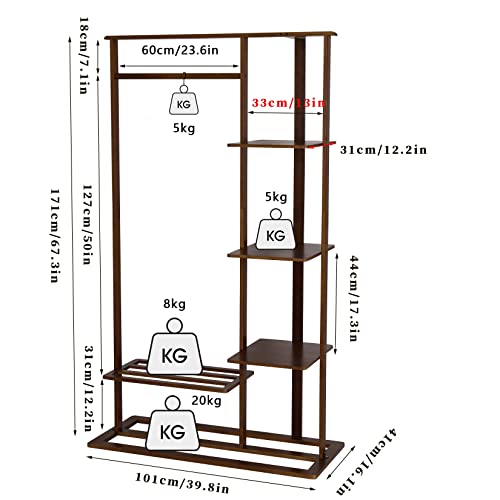 medla Bamboo Clothes Rack Stand: Cloth Hanger Wood Clothing Hanging Rail Standing Garment Rack with 1 Hanging Rod 3 Tier Side Storage Shelves and 2 Tier Bottom Shelves for bedroom Office Home