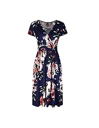 Vestido de sol elegante con cuello en V y cuello en V de playa para mujer con bolsillos