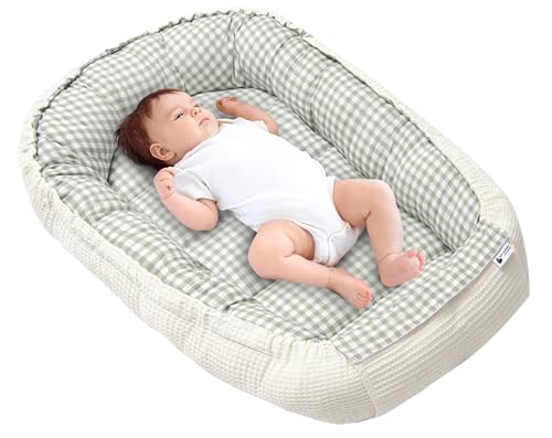 Nido Bebe Recien Nacido Reductor de Cuna - 100x60x15 Portátil o de Viaje de Colecho anticolicos Bilateral Bebés 100% Algodón Gofre (Cuadros con Oliva Gofre)
