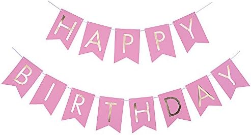 HS Novelty Pink Happy Birthday Bunting Banner with Shimmering Gold Letters, Birthday Decorations