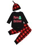 3PCS Baby Boys Girls Merry Christmas Plaid Outfit Set Long Sleeve Romper Pants with Hat