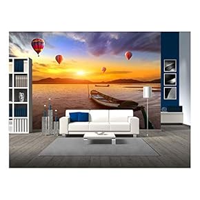 Hot Air Balloon Over Sunset Sea - Removable Wall Mural | Self-Adhesive Large Wallpaper - 66x96 inches