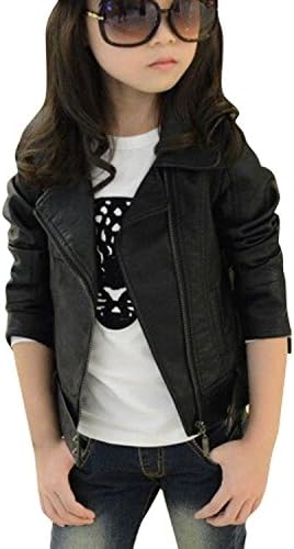 Kids Girl's Fashion Lapel Neck Slim Spring PU Leather Zipper Jacket Coat (5-6T, Black)