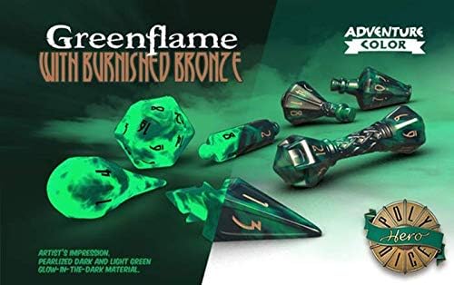 PolyHero Dice: Wizard 7-Dice Set: Greenflame with Burnished Bronze