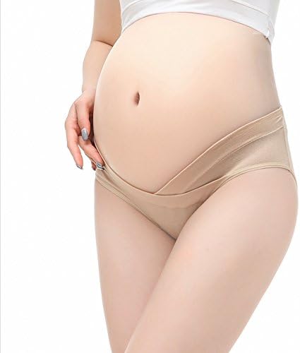 Muledy Seamless Womens Low Waist Maternity Briefs Under The Pump Belly Support Cotton Panties 5-Pack (Labei M/US XS, Beige)