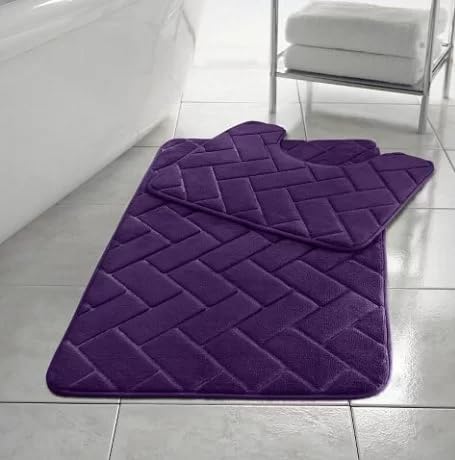 HomeSpace Direct Blocks Non- Slip Memory Foam Bath Mat/Toilet Mat Set Plum