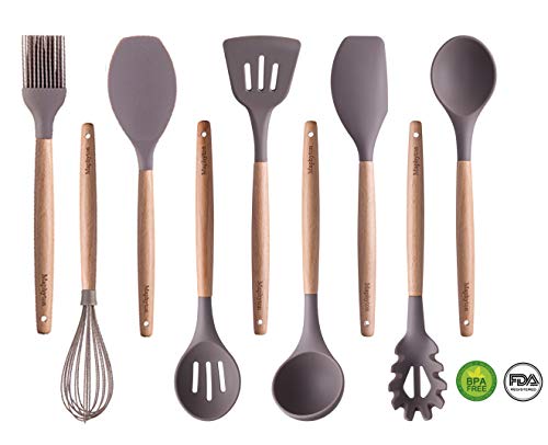 Silicone Cooking Utensils, 9 Pieces Nonstick Heat Resistant Kitchen Utensil Set BPA Free with Natural Wood Handle by Maphyton - Thumbnail 7