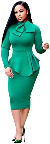 VERTTOP Double-Layered Tie Neck Plain Long Sleeve Warm Women's Bodycon Dress Midi Dress for Party, Cocktail,Club Casual Green XL