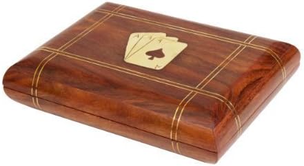 Ajuny Handcrafted Decorative Wooden Double Deck Playing Card Box Holder With 2 Set of Playing Cards Adorned with Ace card Brass Inlay Best Gifts For Him Her