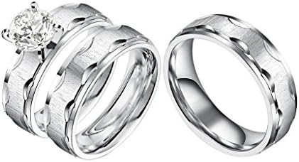 Castillna 3 Piece His and Hers Wedding Set, Brushed Stainless Steel Wedding Engagement Ring Band Sets for Women and Men