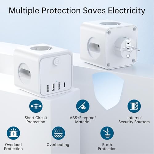 7en 1 Ladron Múltiples Tomas USB,Ladron Enchufes Múltiple con 2 Europea y 1 Toma Schuko CA Regleta, Enchufe Multiple Pared con Interruptor, Enchufe USB para Oficina, Cocina y Habitación