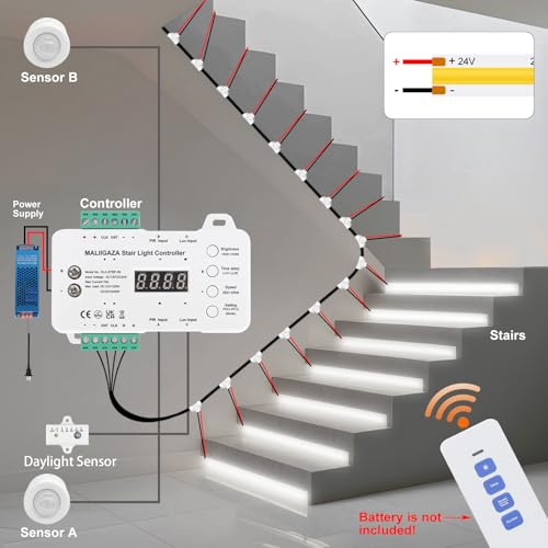 MALIIGAZA Smart Indoor Stair Lighting 16 Steps Cool White COB LED 6000K Cool White Progressive Lighting Modular System Secure Remote Control