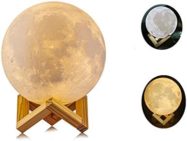 Night Light 3D Printing Moon Lamp ,Touch Switch Color Changing USB Rechargeable Lunar light Dimmable Table Lamp with Wooden Mount，Kids Room Home Decor Christmas Gift ,Diameter (3.9inch)