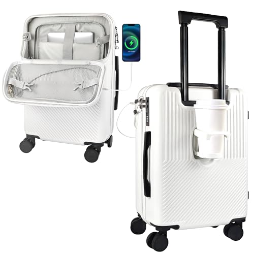 Carry On Luggage, 20 Inch Hardside Luggage, Carry On Suitcase with Front Open Laptop Compartment and Pocket, with Combination Lock, 4 Spinner Wheels, Cup Holder, USB Port, Hook (a-White)