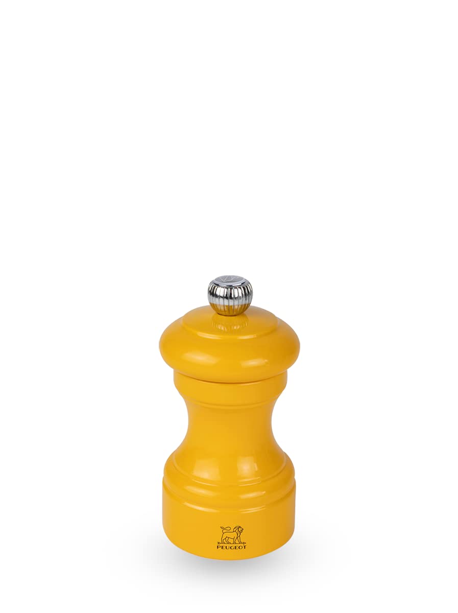 Peugeot - Bistro 10 cm Salt Mill - Classic Salt Grinder - Made with PEFC Certified Wood - Lifetime Guaranteed Mechanism - Made in France - Bistrorama - Saffron Yellow Lacquered Colour