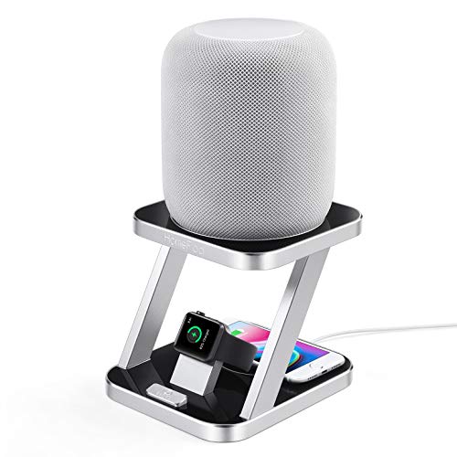 BBOES Z-Shape 3 in 1 Desktop Aluminum Homepod Stand,QI Wireless Fast Charger Dock Station for Apple Iwatch Airpod iPhone X 8 Plus, Phone Support, Bookshelf Speaker Stand, for Iwatch 4/3/2/1 (Silver)