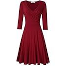 MISSKY Women V Neck A Line Slim Fit and Flare Short Sleeve and Long Sleeve Swing Cocktail Vintage Summer Dress (L, Wine Long Sleeve)