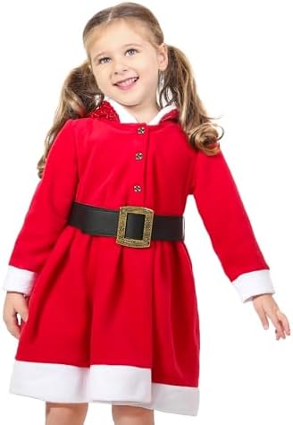 Disfraz De Papá Noel Para Niña - Vestido Rojo De Manga Larga Con Bufanda, Sombrero Y Cinturón Para Fiestas Navideñas
