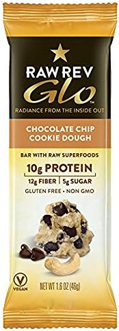 Raw Rev Glo Vegan Protein Bars, Chocolate Chip Cookie Dough, 1.6 Ounce (Pack of 24)