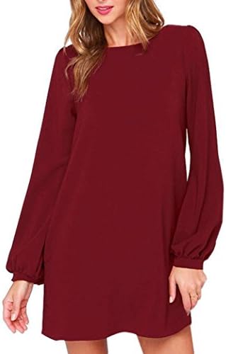 HITRAS Women's Work Wear Dresses Casual Long Sleeve Mini Dress Loose Party Dress (M, Red)