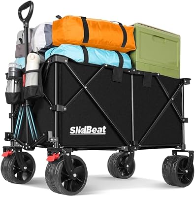 Chariot de Plage 220-330L, 200KG Chariot de Transport Pliable avec Roues Pivotantes à 360°, XXL Chariot de Jardin à Poignée à Rebond Automatique Tout Terrain avec Freins, pour Pêche Camping