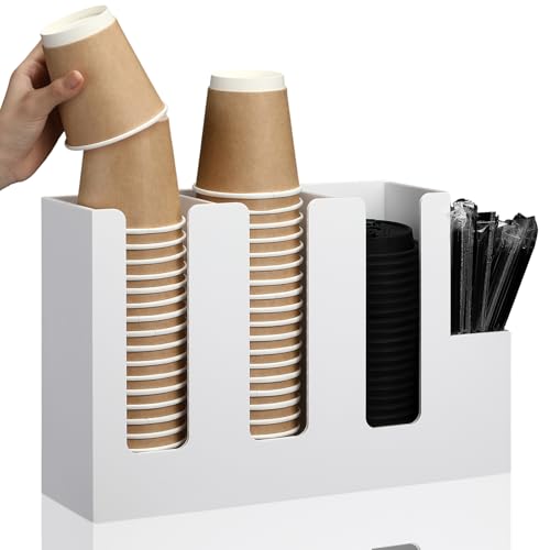 Cunhill 4 Compartments Acrylic Coffee Cup and Lid Storage Organizer Holder Disposable Paper Cup Dispenser Organizer Plastic Lid Holder Accessories for Kitchen Bar Shop Party Supplies (White)