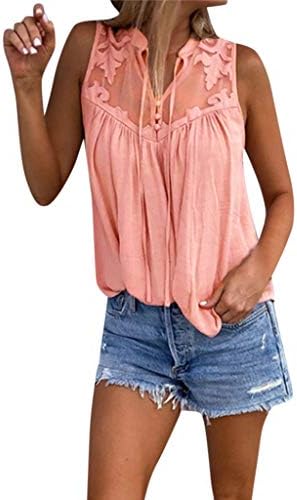 Women’s Casual Blouse V Neck Shirt Tops Sleeveless Chiffon Tank Tops Loose Blouse T Shirt Memela Clothes (Pink, 2XL)