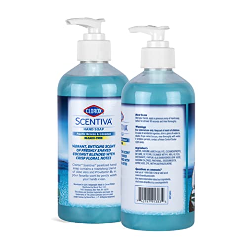 CLOROX SCENTIVA LIQUID HAND SOAP 14 OZ LIQUID HAND WASH WITH VITAMIN B5 BLEACHFREE SCENTED HAND SOAP FOR KITCHEN OR BATHROOM, PACIFIC BREEZE & COCONUT, ALOE VERA, 1 COUNT