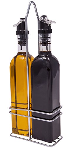 Oil and Vinegar Bottle Set with Stainless Steel Rack with Removable Cork