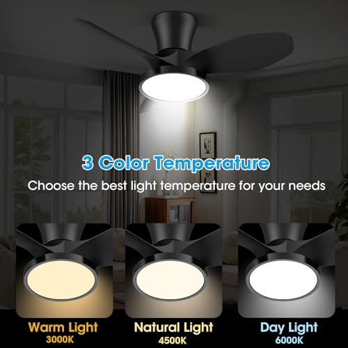 Ocioc Ventilador de techo silencioso con luz LED, motor CC de 32 pulgadas, control remoto de volumen de aire grande para cocina, recámara, comedor y patio
