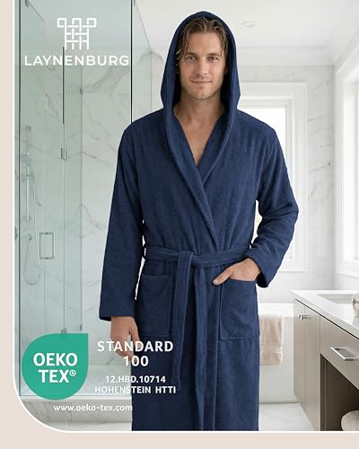 LAYNENBURG Men's Terry Towelling Bathrobe Made of 100% Cotton – Oeko-Tex Standard – Soft Dressing Gown Calf Length with Hood, Tie Belt and Patch Pockets – Ideal for Sauna and Home (M-XXXL)