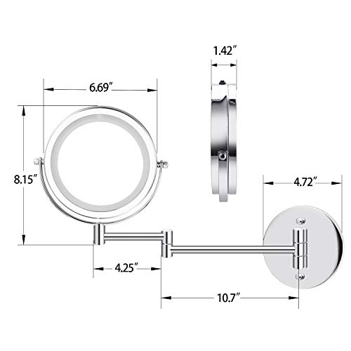 LED Double-Sided Magnifying Makeup Mirror, 6.7" Diameter 1X/5X Adjustable Magnification Led Cosmetic Mirror Wall Mounted, 360° Rotating Function, Lighted Vanity Mirror, Chrome Extendable Swivel Mirror - Thumbnail 2