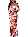 Suimiki Vintage Ruffle Plain Floral Printed Off Shoulder Bodycon Long Party Maxi Dress Orange A X-Large