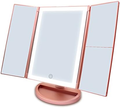 Newest 36 LED Nature Daylight Tri-Fold Lighted Vanity Makeup Mirror with Touch Screen Dimming and 1X/2X/3X Magnification Mirror,Countertop Cosmetic Mirror,180 Degree free Rotation (Rose Gold)