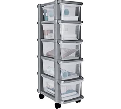 5 Drawer Slim Tower Storage Unit Silver Mounted On Wheels For