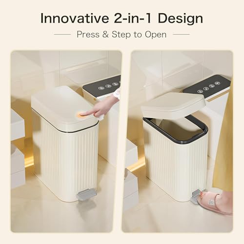 Orchid M® 10L Bathroom Trash Can with Lid, Press-Top Lid & Foot Pedal 2-in-1 Garbage Can, 2.6 Gal Plastic Wastebasket Soft Close, Dog proof, Slim Step-On Trash Bin for Kitchen/Office/Bedroom (White)